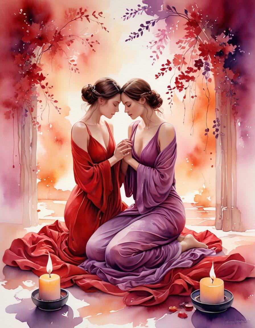 A serene setting featuring intertwined bodies, symbolizing intimacy and connection, surrounded by soft, flowing fabrics in shades of deep red and violet. Wisps of incense smoke rise in the background, creating an ethereal aura, with delicate candles flickering softly around. Subtle floral elements add a natural touch, inviting a sense of erotic wellness and pleasure. watercolor painting. soft glow. vibrant colors.