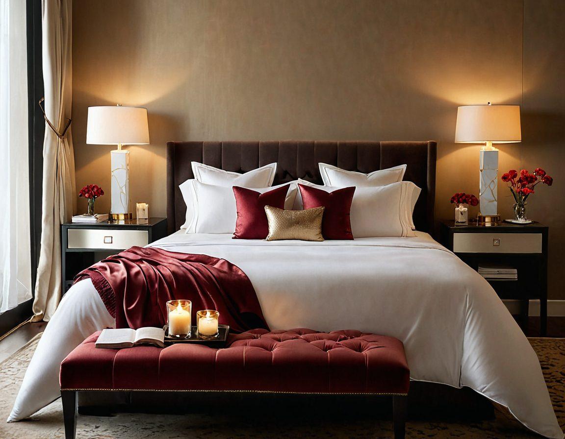 A luxurious bedroom setting bathed in soft, warm lighting, featuring an inviting bed adorned with silky sheets and plush pillows. Include sensual elements like candles, a bottle of wine, and seductive literature on the nightstand. The atmosphere should exude intimacy and allure, perfect for embracing a sensual lifestyle. super-realistic. warm colors. soft focus.