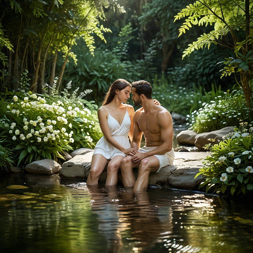 An intimate scene depicting two diverse individuals sharing a warm embrace, surrounded by soft, ambient lighting and lush greenery, symbolizing emotional connection and erotic wellness. Include elements of nature, like flowers and gentle flowing water, to evoke tranquility. Soft pastel colors enhance the romantic atmosphere. minimalist design with soothing aesthetics.